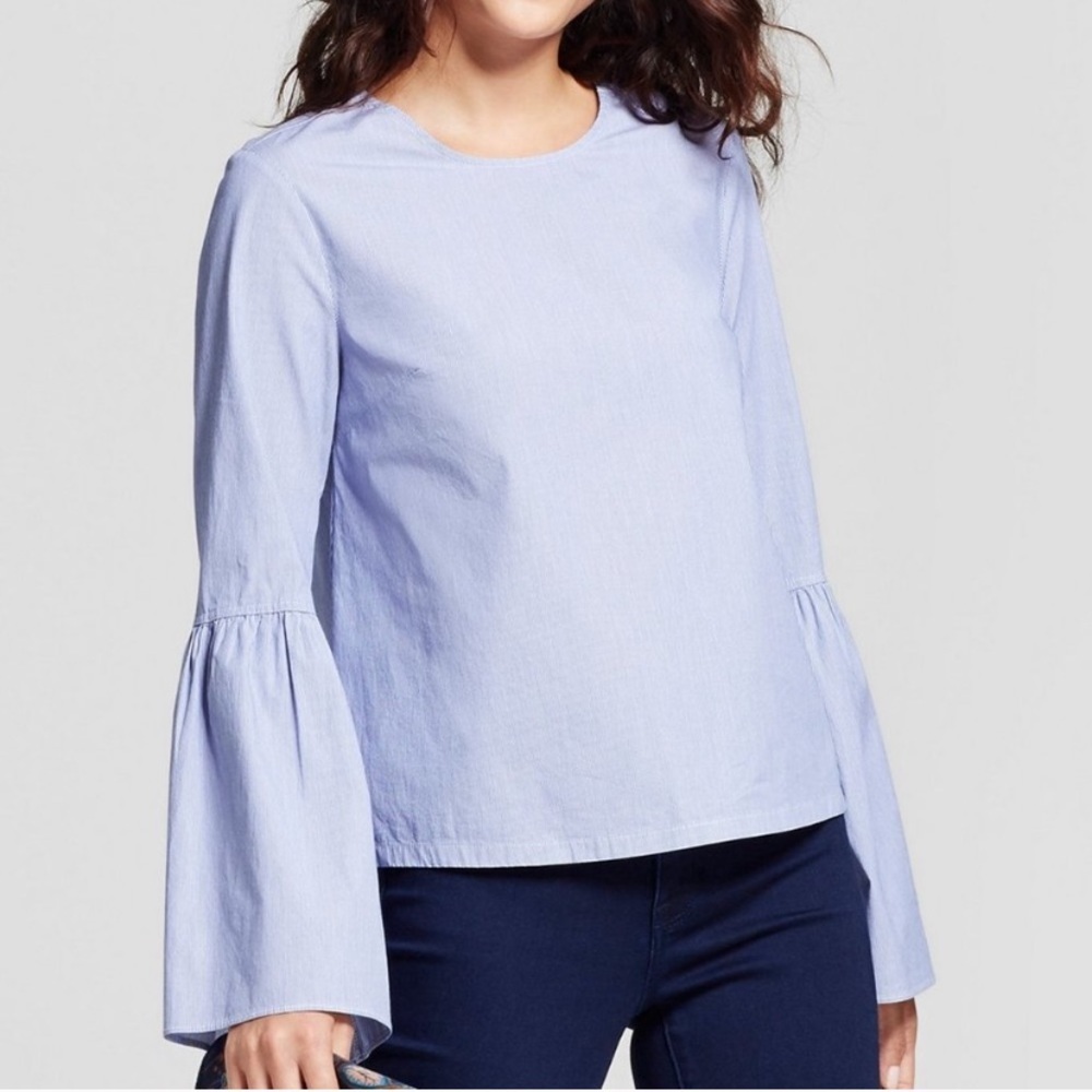 A New Day Blue and White Bell Sleeve Blouse. Size XSmall.